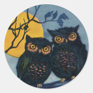 Adesivo Redondo Saudações Vintage Halloween, Corujas em Tree w Moo