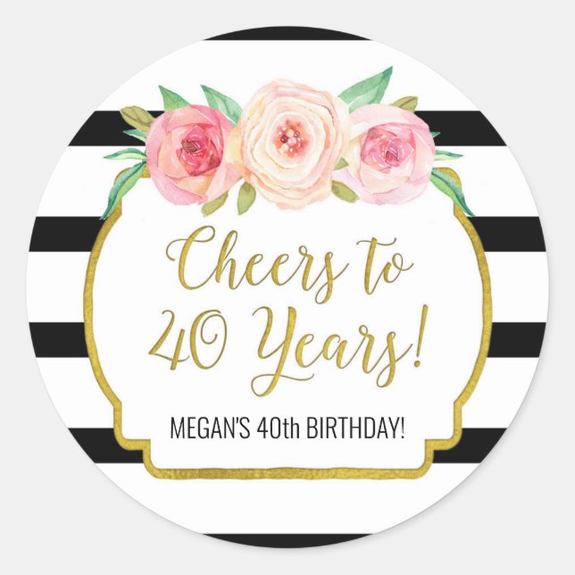 Adesivo Redondo Saúde aos 40 anos Aniversário Black Stripes Flower (Frente)