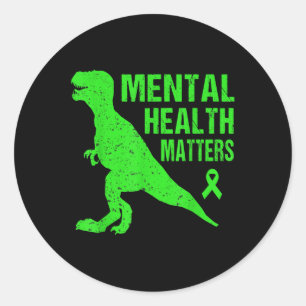 Adesivo Redondo Saúde Mental - Dino de Consciência Mental Verde