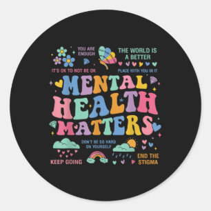Adesivo Redondo Saúde Mental Groovy Floral Mental Health Awarenes