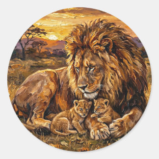 Adesivo Redondo Savannah Family Lion Sticker | Arte a Oil Wildlife