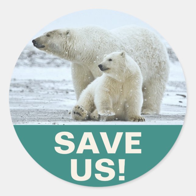 Adesivo Redondo "Save Us!" Global Warming Slogan with Polar Bears (Frente)