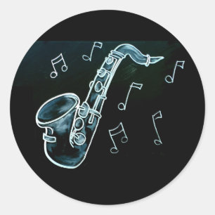Adesivo Redondo Saxofone E Notas Musicais