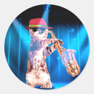 Adesivo Redondo Saxofonista de Gato Bonito
