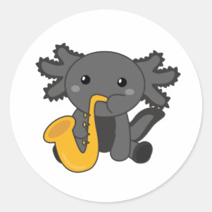 Adesivo Redondo Saxolotl Plays Saxofone Música A Doce Axolotl Cla