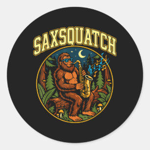 Adesivo Redondo Saxsquatch Pé-Grande Tocador de Saxofone Música Ja