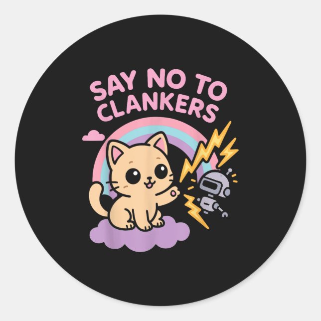Adesivo Redondo Say No To Clankers Anti Ai Robots Cute Kitten Rain (Frente)