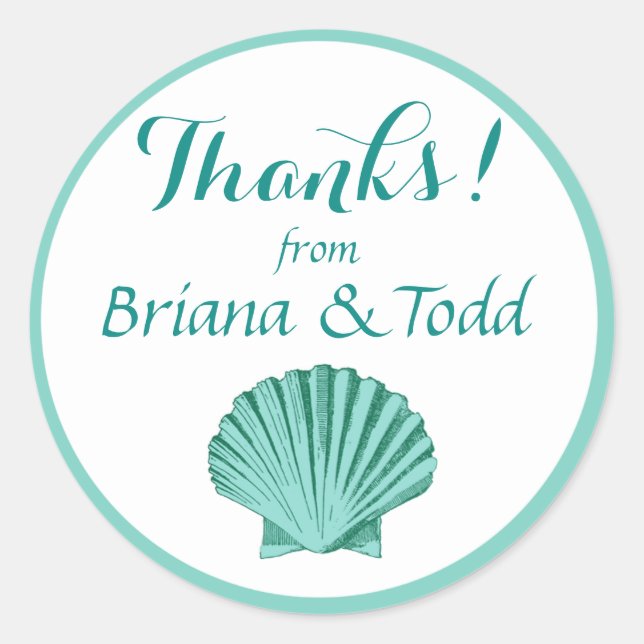 Adesivo Redondo Scallop Seashell Beach Obrigado | aqua (Frente)
