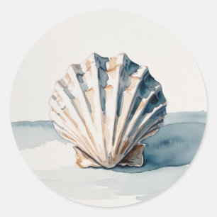 Adesivo Redondo Scallop Shell Watercolor Art - Azul Costeiro