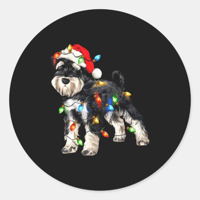 Adesivo Redondo Schnauzer Christmas Dog Christmas Lights Santa Hat (Frente)