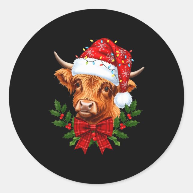 Adesivo Redondo Scottish Highland Cow Christmas Funny Cow Lover Xm (Frente)