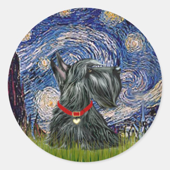 Adesivo Redondo Scottish Terrier 12c - Starry Night (Frente)