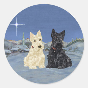 Adesivo Redondo Scottish Terriers Preto e Trigo no Inverno