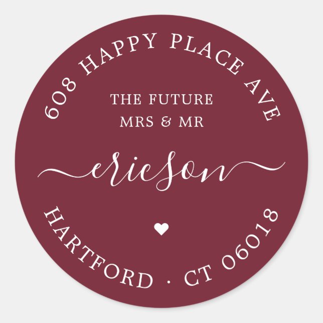 Adesivo Redondo Script Branco O Endereço De Devolução De Casamento (Frente)