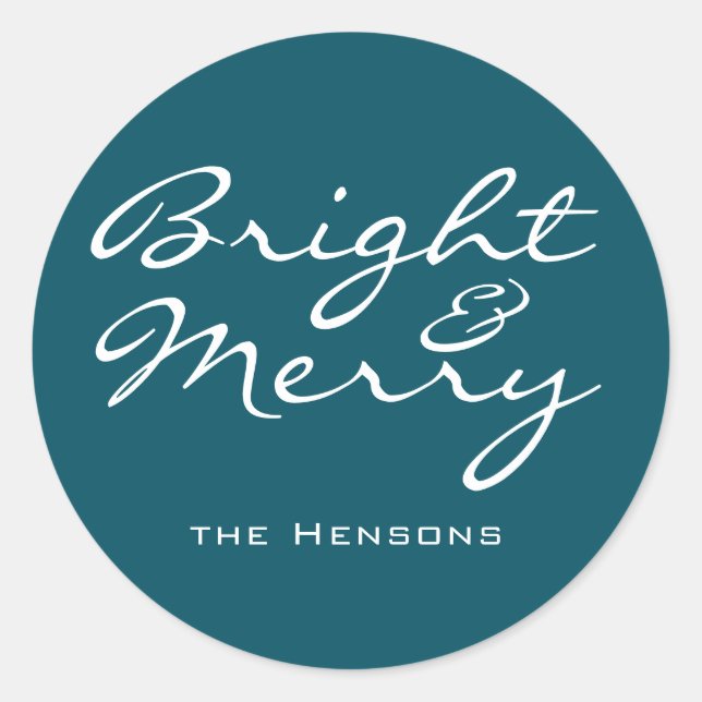 Adesivo Redondo Script Brilhante e Feliz Azul Nome Verde Natal (Frente)