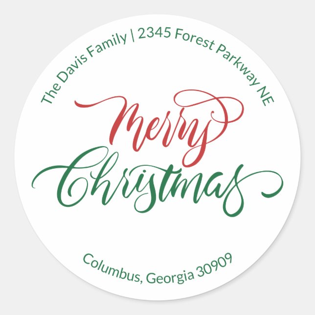 Adesivo Redondo Script Calligraphy Merry Christmas Return Address (Frente)