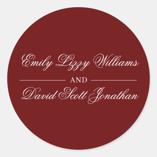 Adesivo Redondo Script Clássico de Caligrafia Vermelha Crimson (Frente)