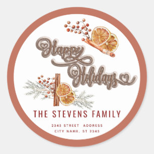 Adesivo Redondo Script de biscoito moderno feliz canela de férias 