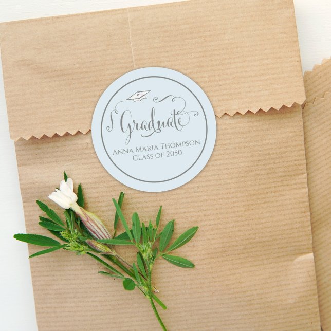 Adesivo Redondo Script de Caligrafia de Graduação Azul Claro Simpl (Criador carregado)