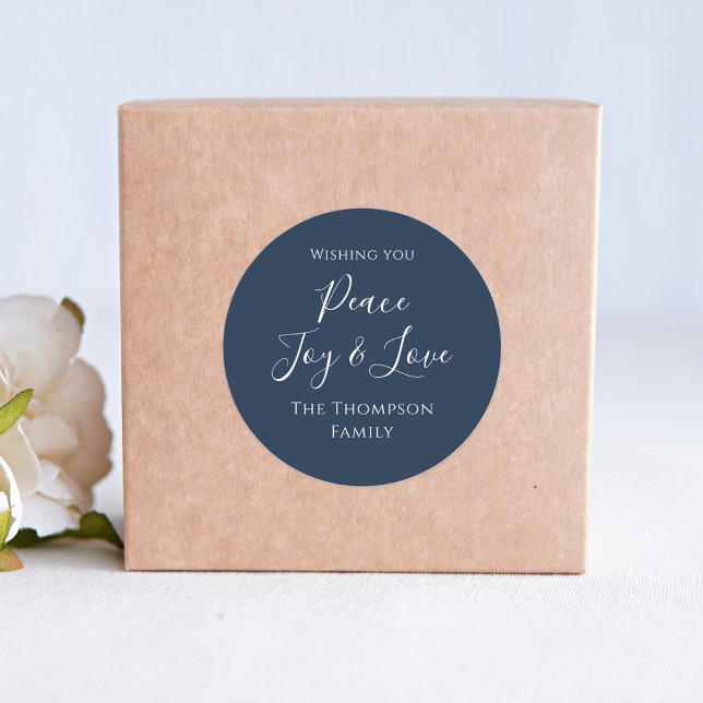 Adesivo Redondo Script de Caligrafia Simples de Alegria de Paz de  (Simple Holiday Peace, Joy, and Love custom personalized gift label stickers.)