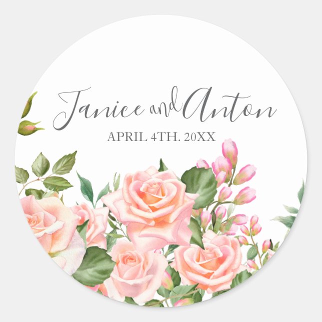 Adesivo Redondo Script de Casamento Botânico Cor-de-Rosa Esbranqui (Frente)