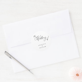 ADESIVO REDONDO SCRIPT DE CASAMENTO BRANCO E NEGRO ELEGANTE CLÁSSI