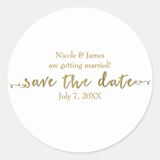 Adesivo Redondo Script de Gold Save the Date Personalizado (Frente)