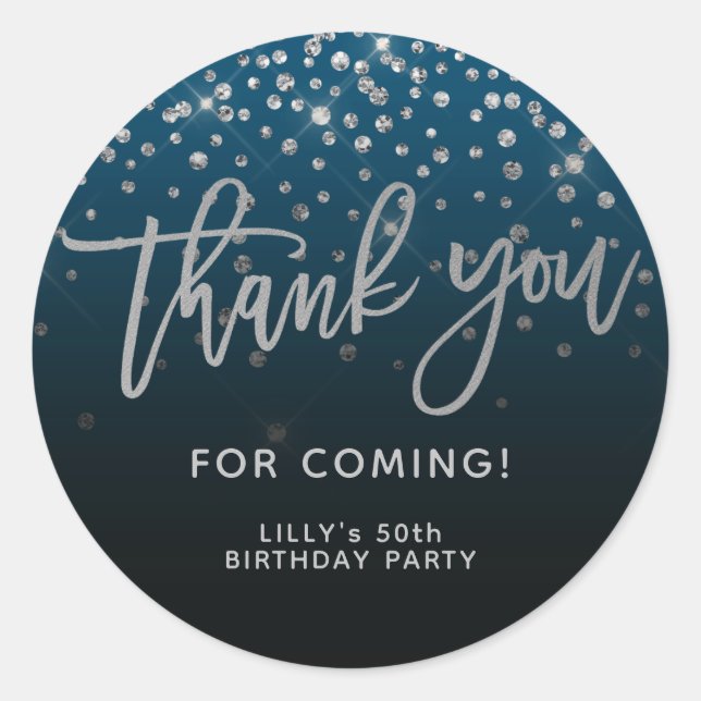 Adesivo Redondo Script De Largura De Prata Obrigado Por Vier Azul (Frente)