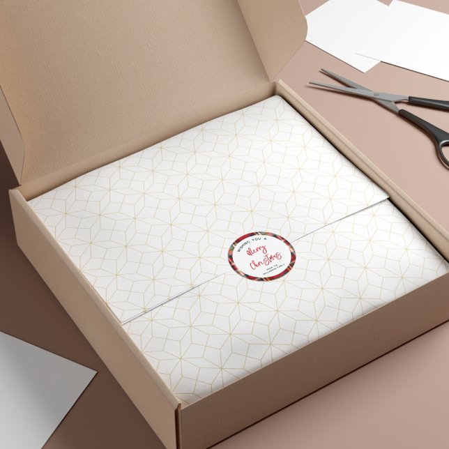 Adesivo Redondo Script de Natal Merry da Xadrez Vermelha Personali (Rustic Plaid Script Christmas Holidays Family Favors Stickers)