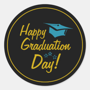 Adesivo Redondo Script Dourado de Dia de Graduação Feliz Azul Pr