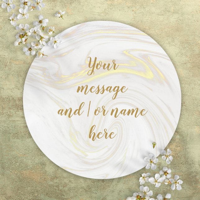 Adesivo Redondo Script Dourado Personalizado Simples de Marble Ele (Simple Elegant Marble Personalized Gold Script Classic Round Sticker)