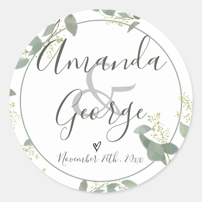 Adesivo Redondo Script Elegante | Eucalyptus | Casamento (Frente)