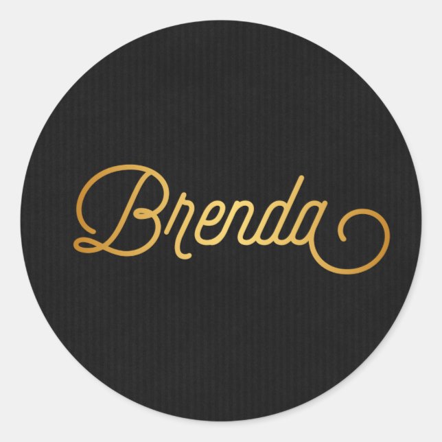 Adesivo Redondo Script Elegante Personalizado Brenda Dourada Preto (Frente)