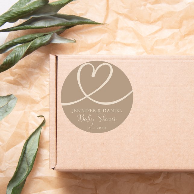 Adesivo Redondo Script Mínimo do Chá de fraldas Cardíaco de Taupe  (Criador carregado)