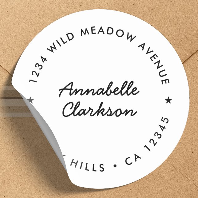 Adesivo Redondo Script Moderno | Endereço de devolução de estrelas (Criador carregado)