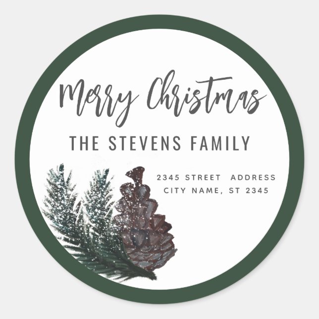 Adesivo Redondo Script moderno - Merry Christmas pine branch Cla (Frente)