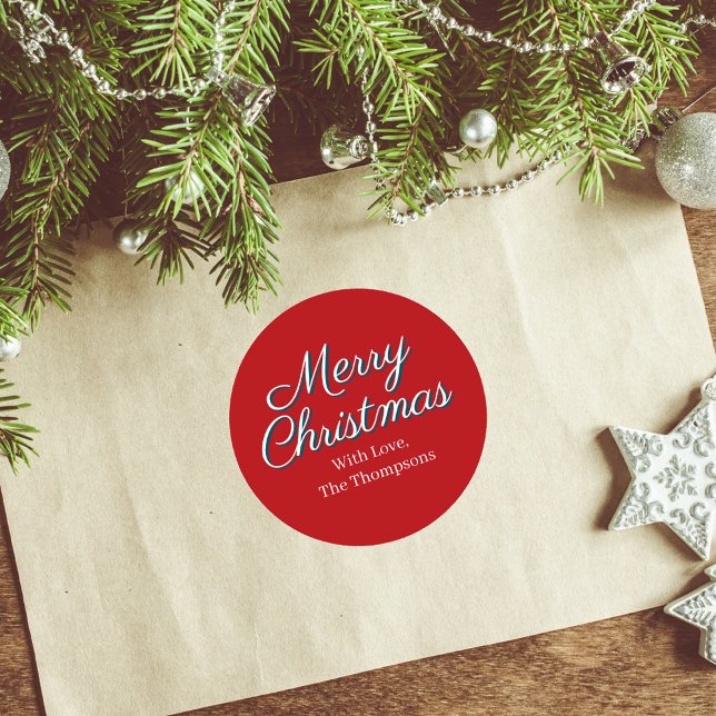Adesivo Redondo Script Personalizado Feliz Natal  (Merry Christmas Calligraphy Script Red Sticker)