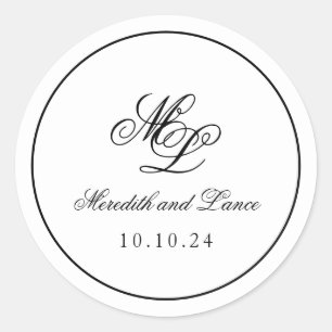 Adesivo Redondo Script preto e branco de monograma legante