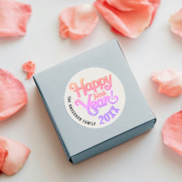 Adesivo Redondo Script Rosa Girly Vintage Feliz ano novo Rosa