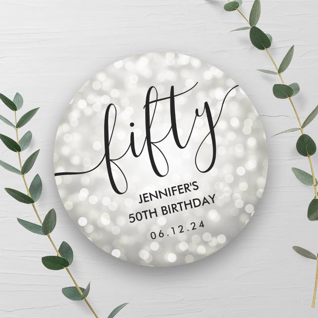 Adesivo Redondo Script Silver Glitter Luzes 50º Aniversário (Script Silver Glitter Lights 50th Birthday Classic Round Sticker)