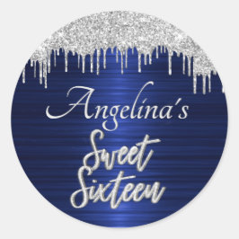 Adesivo Redondo Script Sweet 16 Birthday Silver Glitter Blue