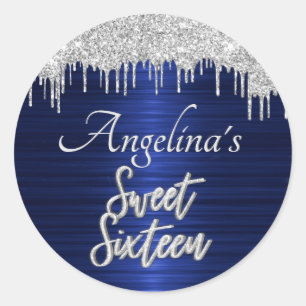 Adesivo Redondo Script Sweet 16 Birthday Silver Glitter Blue