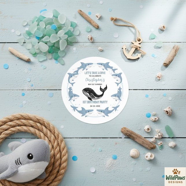 Adesivo Redondo Sea Animals Shark 1st Birthday | Under the Sea  (Sea Animals Shark 1st Birthday | Under the Sea Classic Round Sticker
)