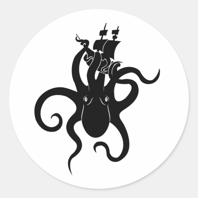 Adesivo Redondo Sea Monster Blue e Black Kraken com navio (Frente)