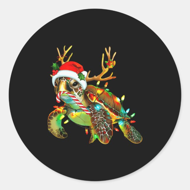 Adesivo Redondo Sea Turtle Christmas Lights Santa Hat Merry Christ (Frente)