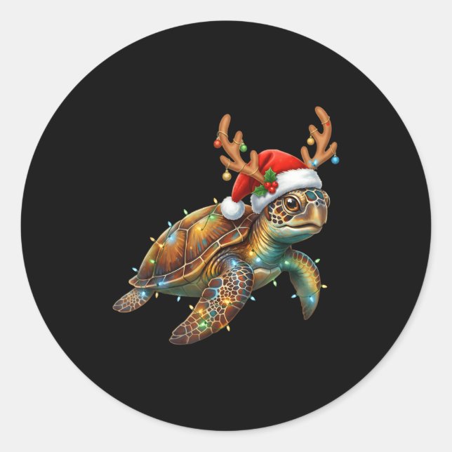 Adesivo Redondo Sea Turtle Christmas Lights Santa Hat Merry Christ (Frente)