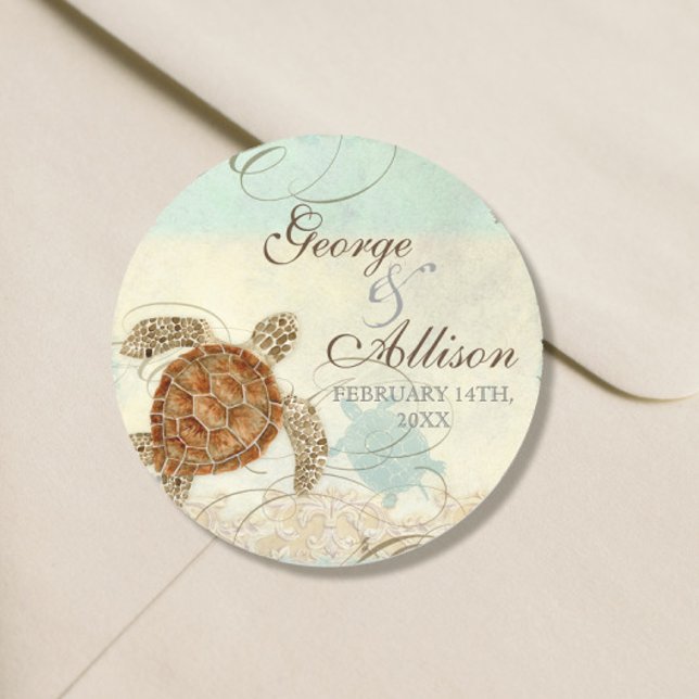 Adesivo Redondo Sea Turtle Modern Coaster Ocean Beach Swirls Estil (Criador carregado)