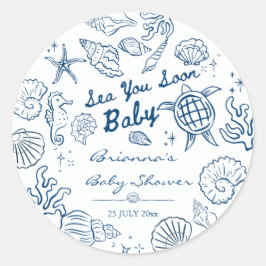 Adesivo Redondo Sea you soon seashells beach boy baby shower