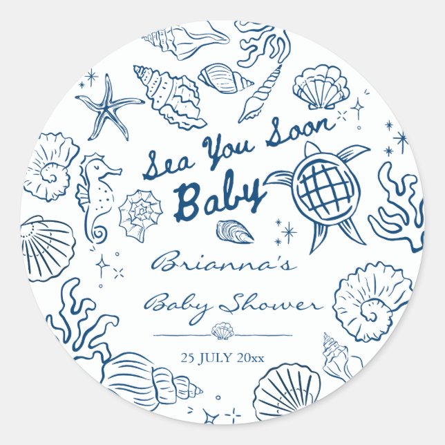 Adesivo Redondo Sea you soon seashells beach boy baby shower (Frente)