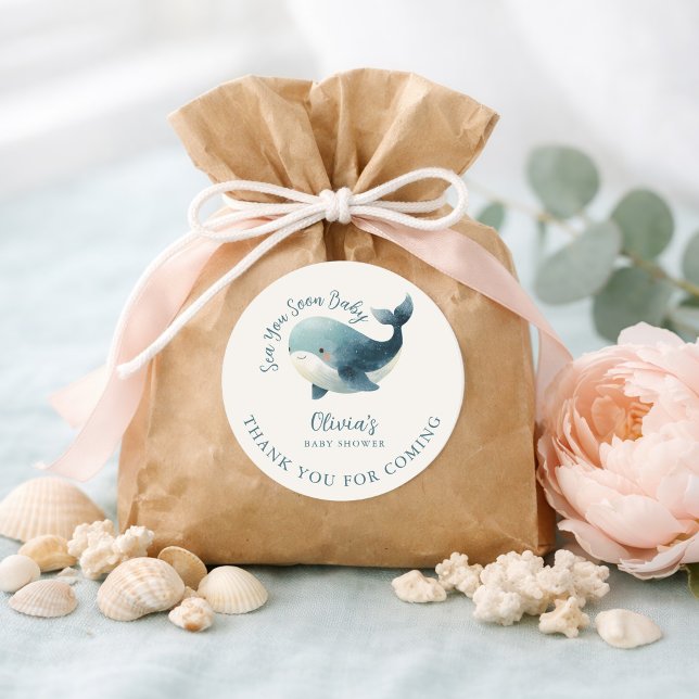 Adesivo Redondo Sea You Soon Whale Ivory Thank You Baby Shower (Criador carregado)